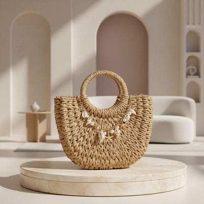 Woven Top Handle Bag, Natural Boho Handbag, Shell Charm Summer Purse