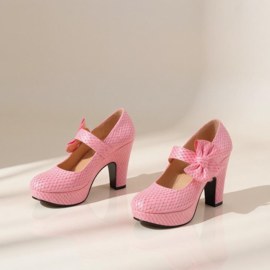 Pink Mary Jane Heels, Bow Platform Pumps, Chunky High Heel Shoes