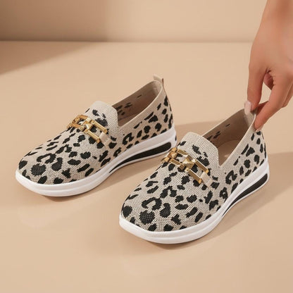 Leopard Print Loafers for Women, Chain Detail Slip On Shoes, Animal Print Casual Flats
