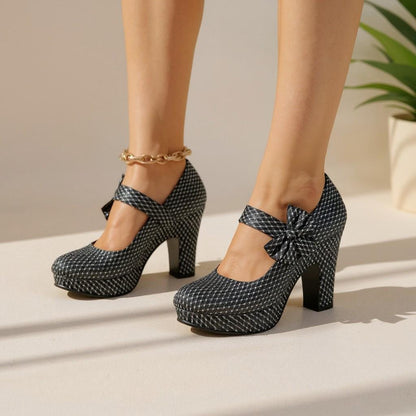 Black Mary Jane Platform Heels, Bow Block Heel Pumps, Checkered Dress Shoes