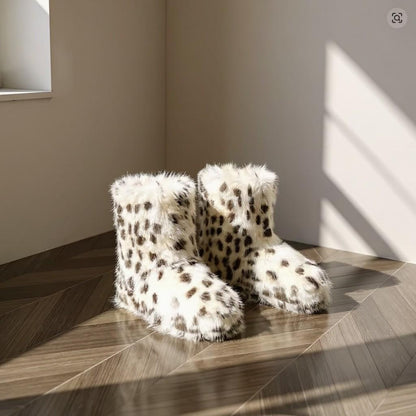 Leopard Fur Boots, Cozy Winter Ankle Boots, Fuzzy Animal Print Shoes