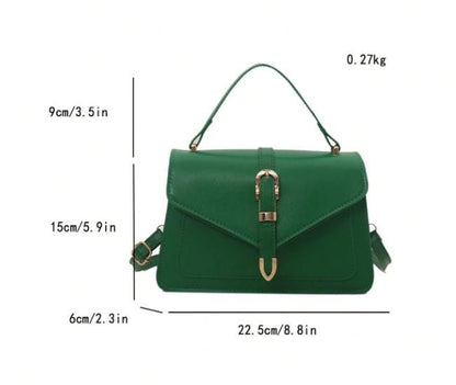 Green Top Handle Handbag, Structured Flap Purse, Emerald Crossbody Bag, Gold Buckle Shoulder Bag, Elegant Everyday Purse