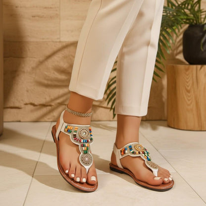 Colorful Beaded Sandals for Women, Boho T Strap Flat Sandals, Embellished Summer Shoes