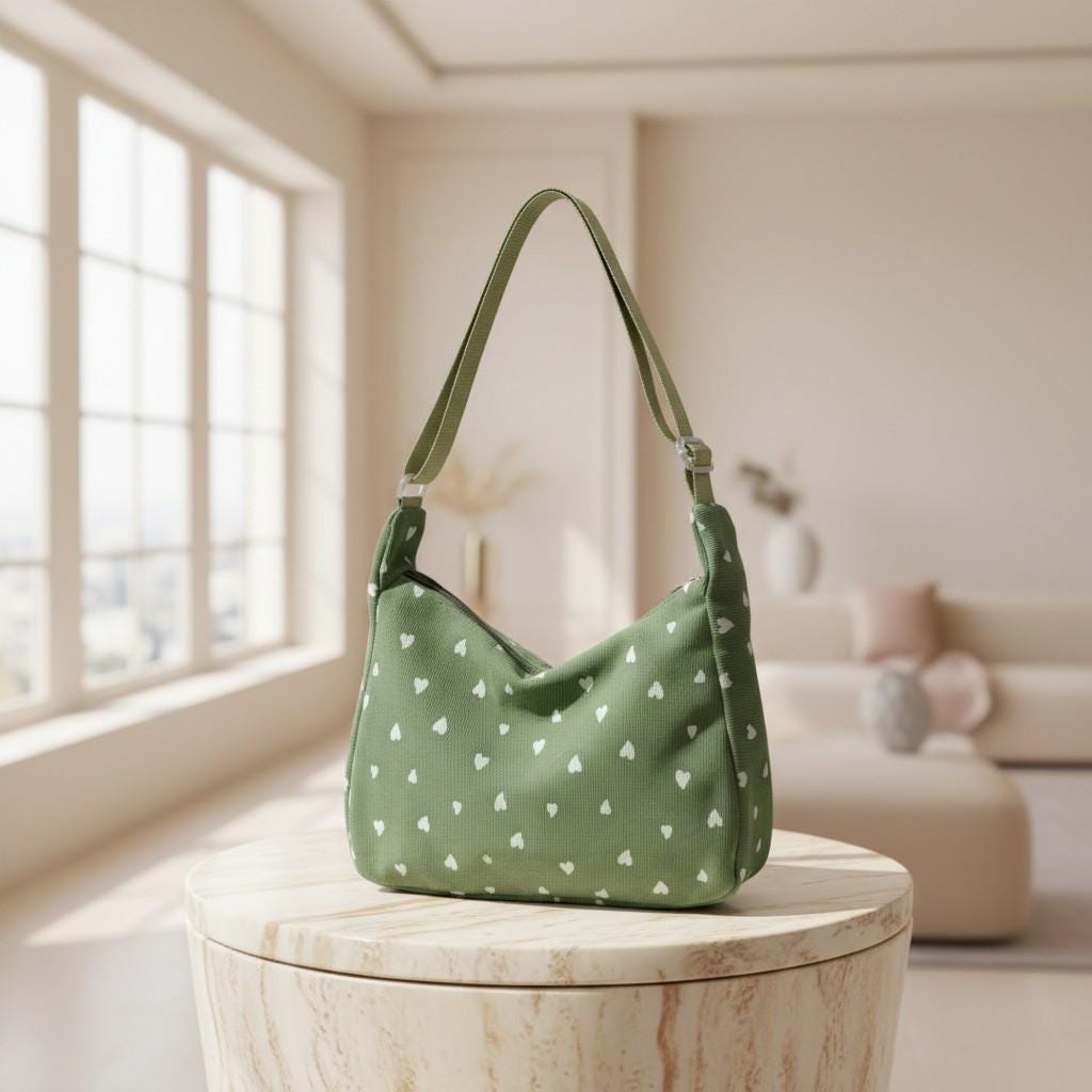 Sage Green Heart Shoulder Bag, Cute Hobo Purse, White Heart Print Handbag, Y2K Style Everyday Bag