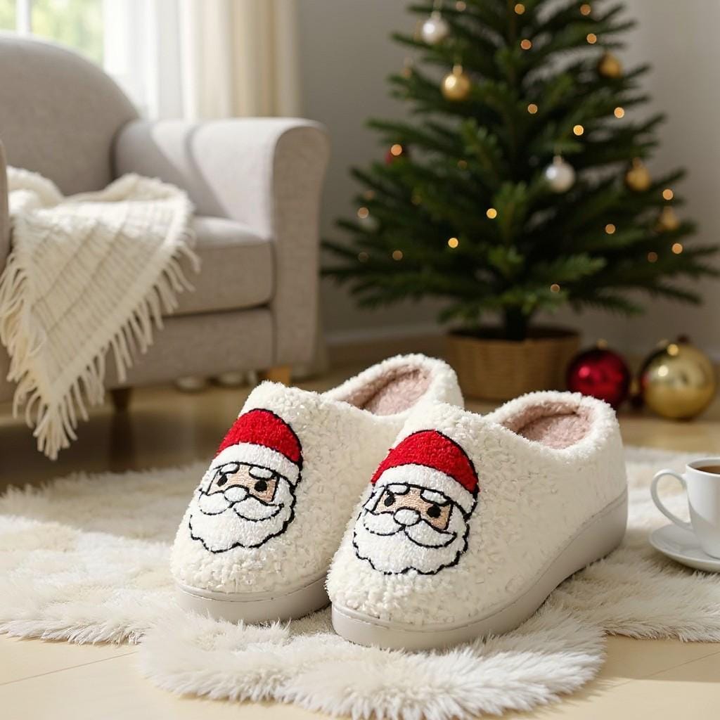 Santa Claus Slippers, Fuzzy Christmas House Shoes, Plush Holiday Slippers
