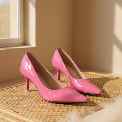 Hot Pink Patent Heels, Pointed Toe Stiletto Pumps, Glossy Pink Dress Shoes