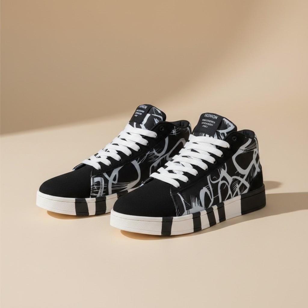 Black White High Top Sneakers, Women's Graphic Print Shoes, Streetwear