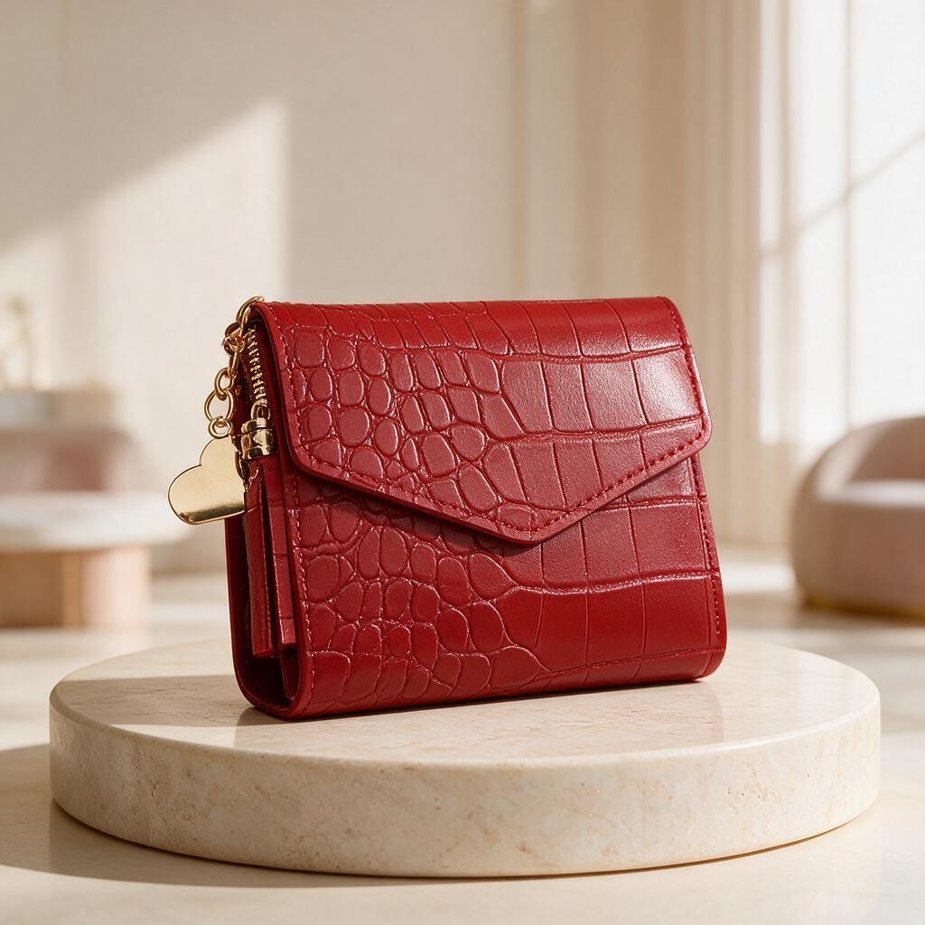 Red Croc Embossed Wallet, Womens Flap Wallet, Small Tassel Purse, Heart Charm