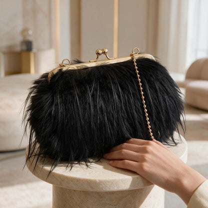 Black Shaggy Clutch Bag, Furry Evening Purse, Vintage Frame Handbag, Gold Chain Shoulder Bag, Statement Party Purse