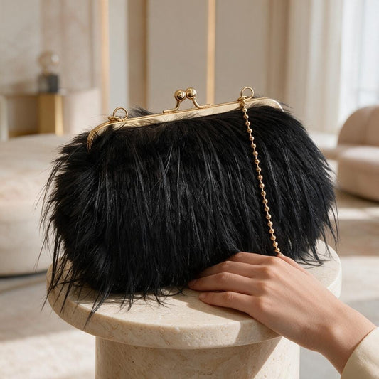 Black Shaggy Clutch Bag, Furry Evening Purse, Vintage Frame Handbag, Gold Chain Shoulder Bag, Statement Party Purse