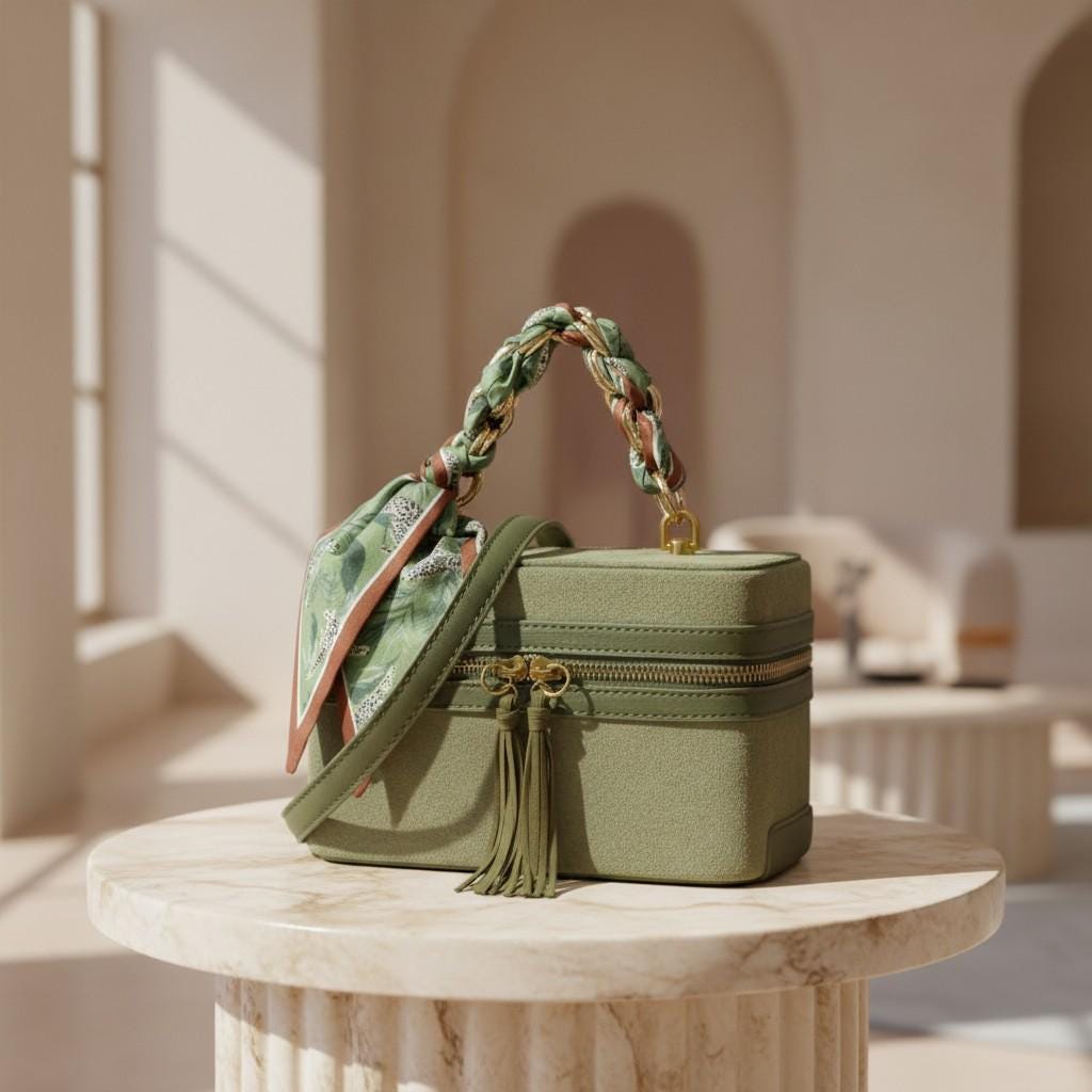 Olive Green Top Handle Bag, Scarf Handle Purse, Tassel Crossbody Bag, Structured Shoulder Handbag