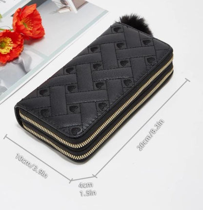 Black Heart Pattern Wristlet Wallet, Double Zip Quilted Purse for Women