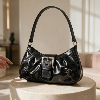 Black Buckle Shoulder Bag, Y2K Baguette Purse, Glossy Handbag, Retro Small Bag