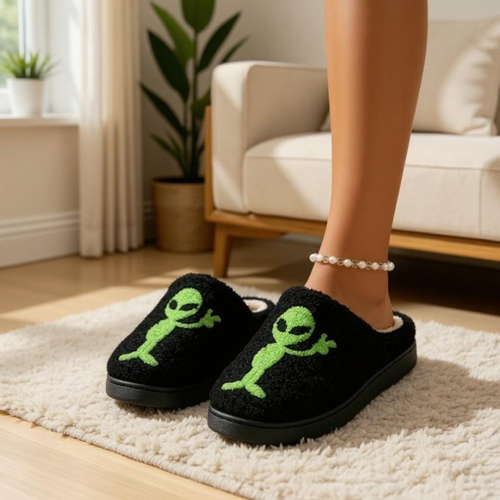 Alien Slippers, Green Alien House Shoes, Fuzzy Black Slippers