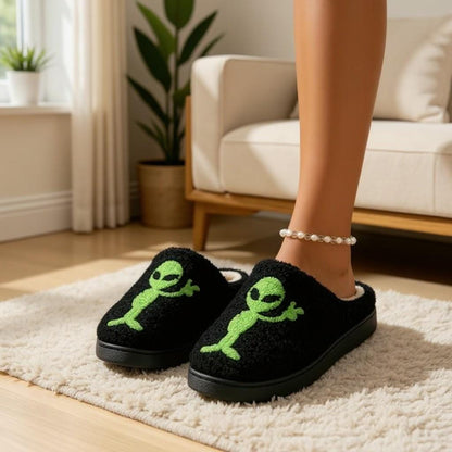 Alien Slippers, Green Alien House Shoes, Fuzzy Black Slippers
