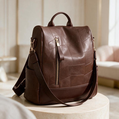 Brown Patchwork Backpack, Women's Casual Backpack, Vintage Style Daypack, Everyday Brown Bag, Multi Pocket City Backpack