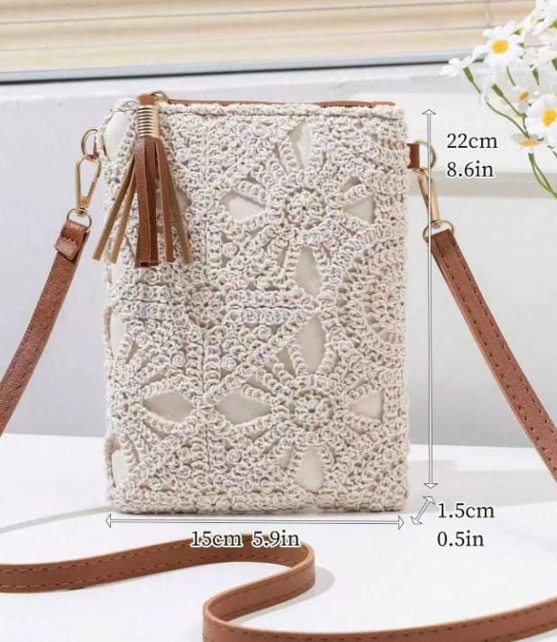 Cream Crochet Crossbody Bag, Boho Lace Purse for Women, Small Shoulder Bag, Summer Vacation Handbag