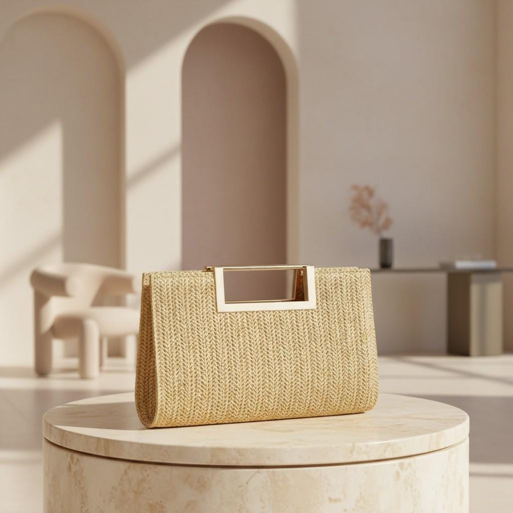 Woven Top Handle Bag, Natural Beige Handbag, Textured Purse, Gold Frame Handle