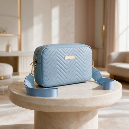 Light Blue Quilted Crossbody Bag, Chevron Shoulder Purse, Powder Blue Handbag, Casual Everyday Bag, Adjustable Strap