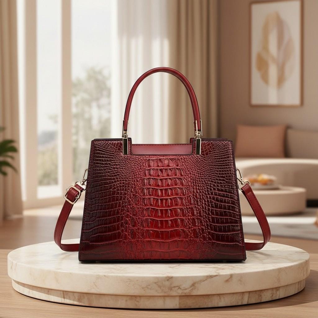 Burgundy Croc Embossed Handbag, Structured Top Handle Bag, Women's Shoulder Crossbody Purse, Elegant Satchel