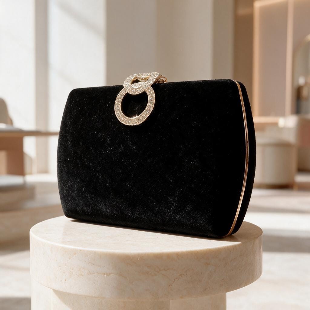 Black Velvet Clutch, Rhinestone Ring Evening Bag, Elegant Formal Purse, Party Handbag