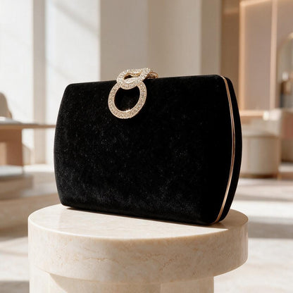 Black Velvet Clutch, Rhinestone Ring Evening Bag, Elegant Formal Purse, Party Handbag