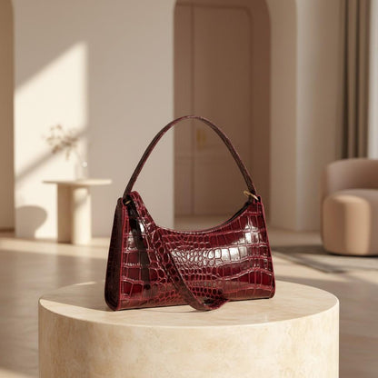Burgundy Croc Embossed Shoulder Bag, Wine Red Baguette Purse, Y2K Handbag, Textured Crossbody Bag, Women's Trendy Bag