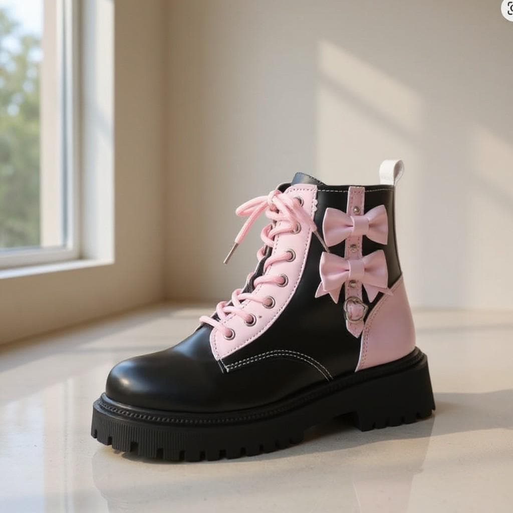 Pink Bow Ankle Boots, Black Lace Up Platform Boots, Chunky Lug Sole Shoes