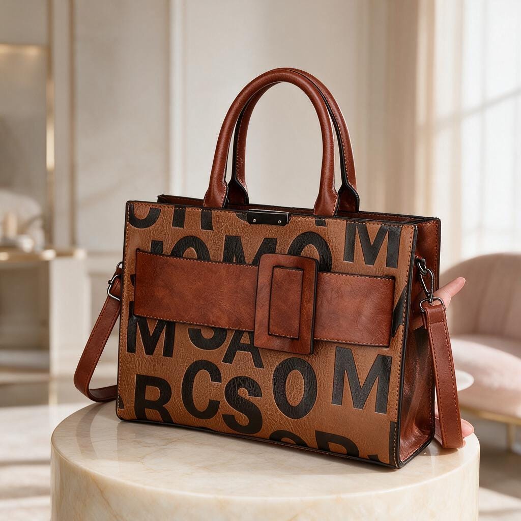 Brown Letter Print Handbag, Structured Satchel Purse, Top Handle Shoulder Bag, Buckle Detail Crossbody Bag, Women's Tote