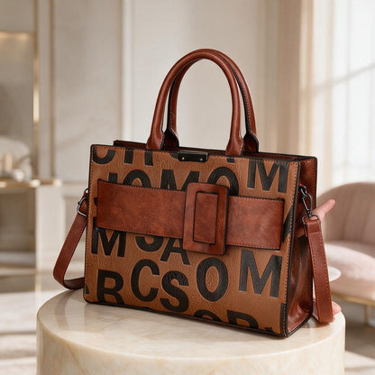 Brown Letter Print Handbag, Structured Satchel Purse, Top Handle Shoulder Bag, Buckle Detail Crossbody Bag, Women's Tote