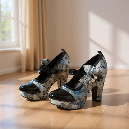 Blue Floral Mary Jane Heels, Platform Bow Pumps, Black Patent Strap Shoes