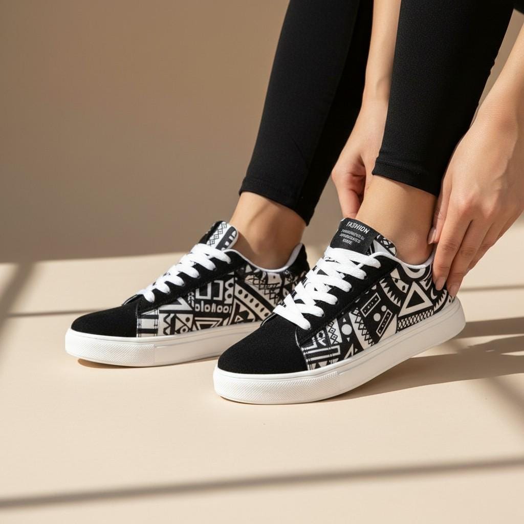 Black White Geometric Sneakers, Women's Low Top Shoes, Graphic Lace Up