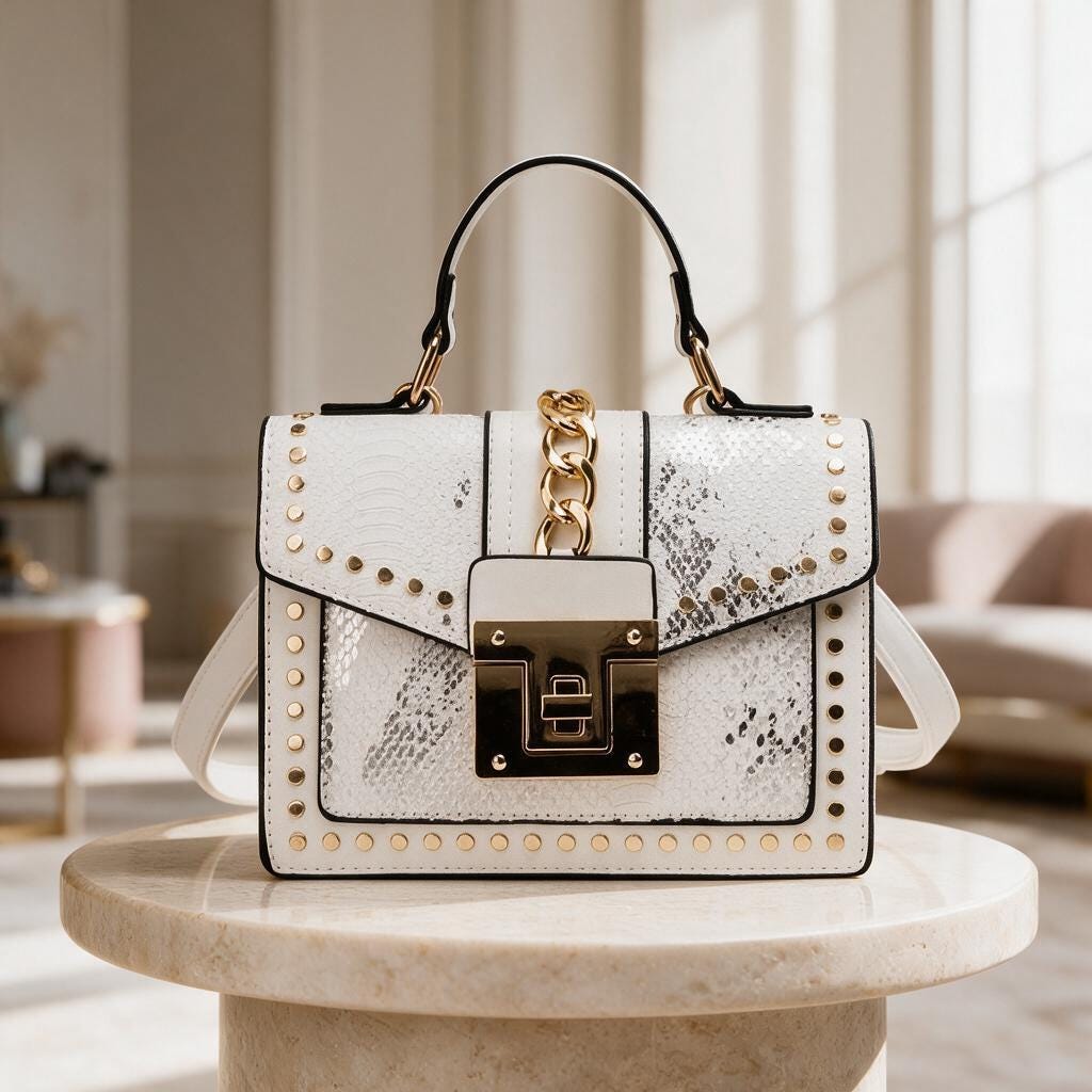White Snake Print Handbag, Studded Shoulder Bag, Structured Flap Purse, Gold Chain Crossbody Bag, Women's Top Handle Bag
