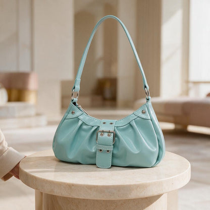 Aqua Blue Shoulder Bag, Y2K Hobo Purse, Ruched Underarm Bag, Buckle Detail Handbag, Retro 90s Style Purse, Cute Everyday Bag