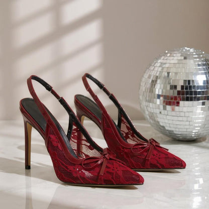Red Lace Slingback Heels, Pointed Toe Stiletto Pumps, Bow Detail Party Shoes