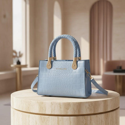 Blue Crocodile Print Handbag, Structured Top Handle Bag for Women, Small Shoulder Purse with Long Strap