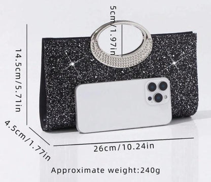 Black Glitter Clutch Bag, Sparkly Evening Purse with Crystal Ring Handle, Glam Party Handbag, Formal Night Out Bag