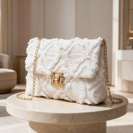White Frayed Shoulder Bag, Distressed Flap Purse, Ivory Crossbody Bag, Textured Chain Handbag, Casual Boho Purse