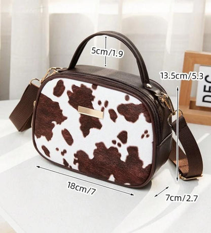 Cow Print Crossbody Bag, Brown White Shoulder Bag, Cow Print Purse, Mini Handbag, Structured Shoulder Purse, Everyday Bag