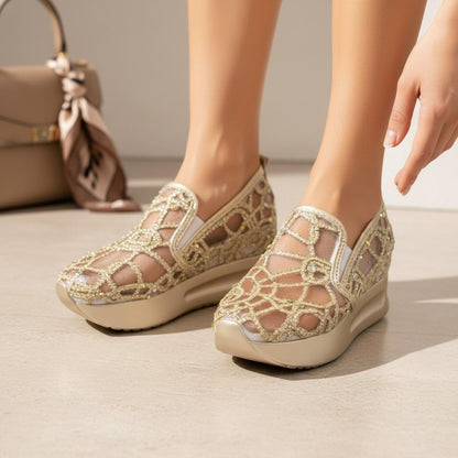 Gold Glitter Wedge Sneakers, Women's Lace Slip On Shoes