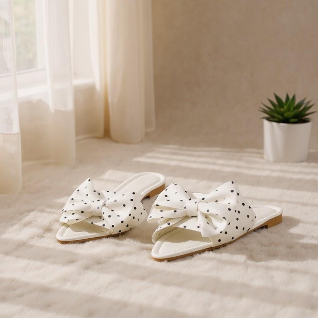 White Bow Slide Sandals, Polka Dot Flat Sandals, Oversized Bow Summer Shoes