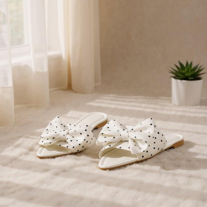 White Bow Slide Sandals, Polka Dot Flat Sandals, Oversized Bow Summer Shoes
