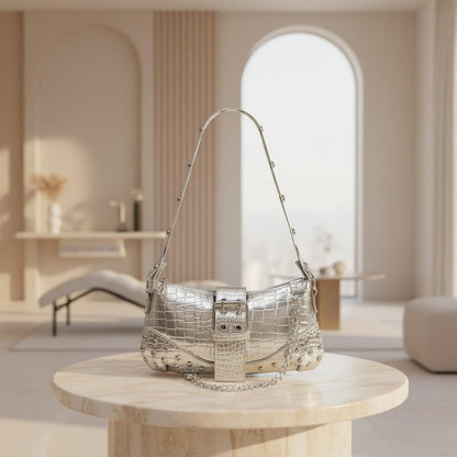Silver Croc Baguette Bag, Y2K Shoulder Purse, Studded Metallic Handbag, Crocodile Embossed Bag, Buckle Chain Purse
