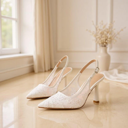 Ivory Lace Bridal Heels, Pointed Toe Slingback Wedding Shoes, Stiletto Pumps