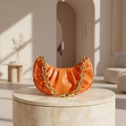 Orange Ruched Shoulder Bag, Crescent Purse for Women, Chain Strap Handbag, Small Evening Bag, Trendy Orange Purse