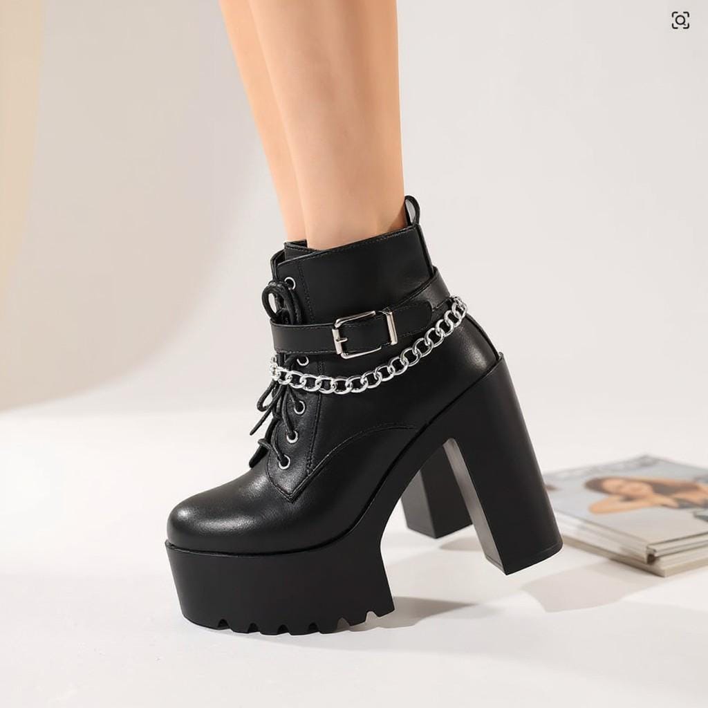 Black Gothic Platform Boots, Chain Buckle Ankle Boots, Punk Lace Up Chunky Heel Boots, Y2K Shoes