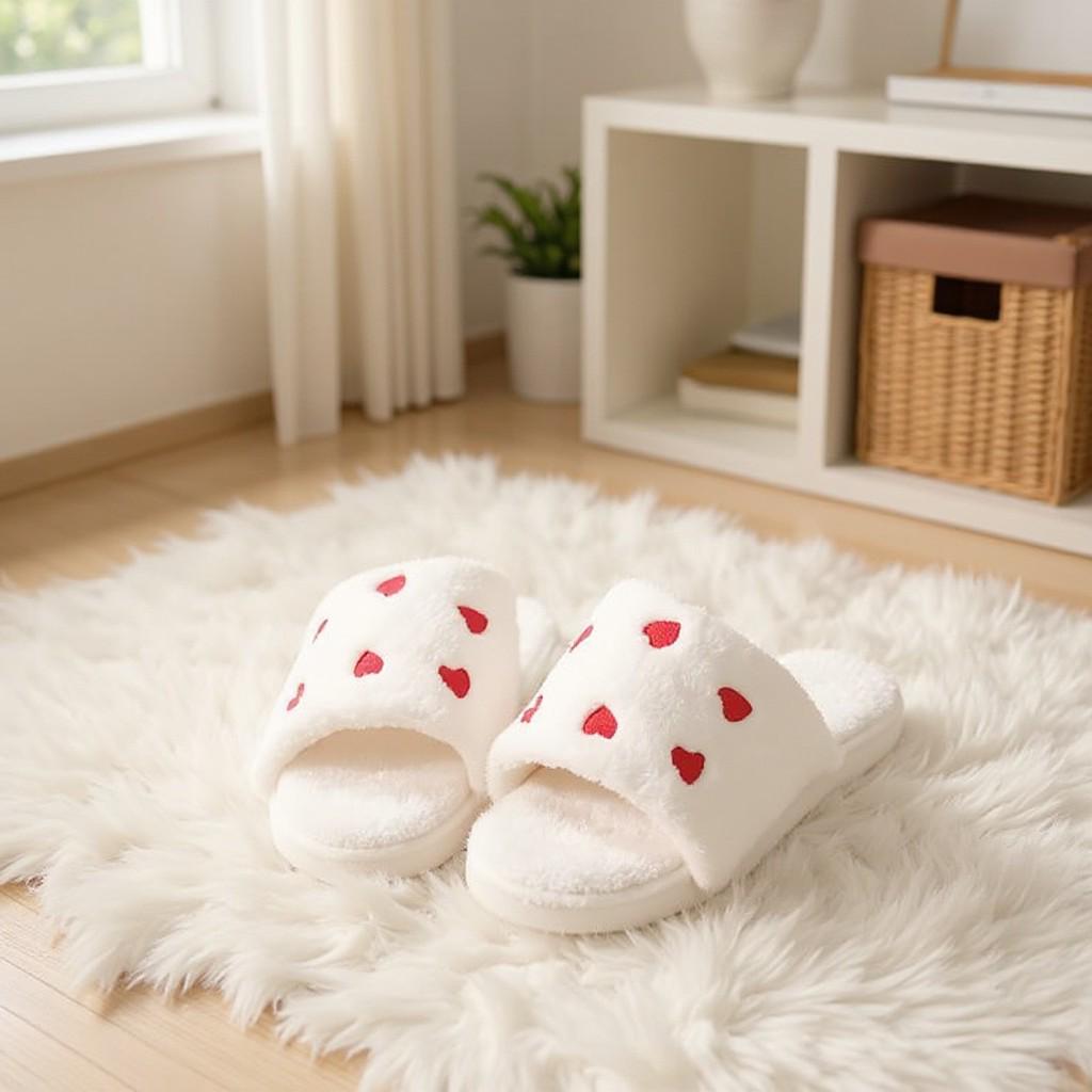 Heart Slippers, Fuzzy White House Slides, Cute Valentine Slippers