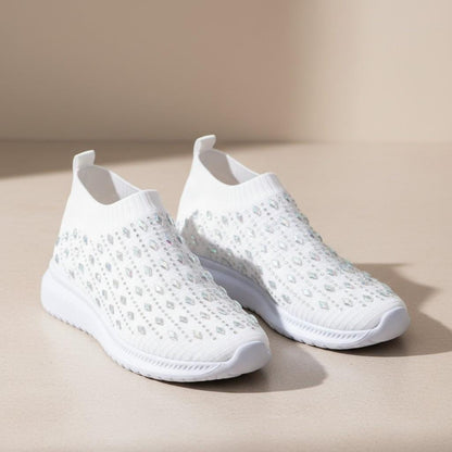 Rhinestone Sneakers for Women, Embellished Knit Slip On Shoes, White Sparkle Casual Sneakers