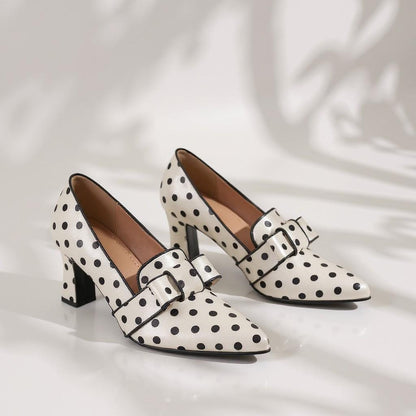White Polka Dot Pumps, Bow Block Heels, Black and White Retro Dress Shoes