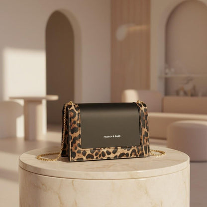 Black Leopard Shoulder Bag, Gold Chain Crossbody Purse, Leopard Print Handbag, Structured Flap Bag, Chic Everyday Purse